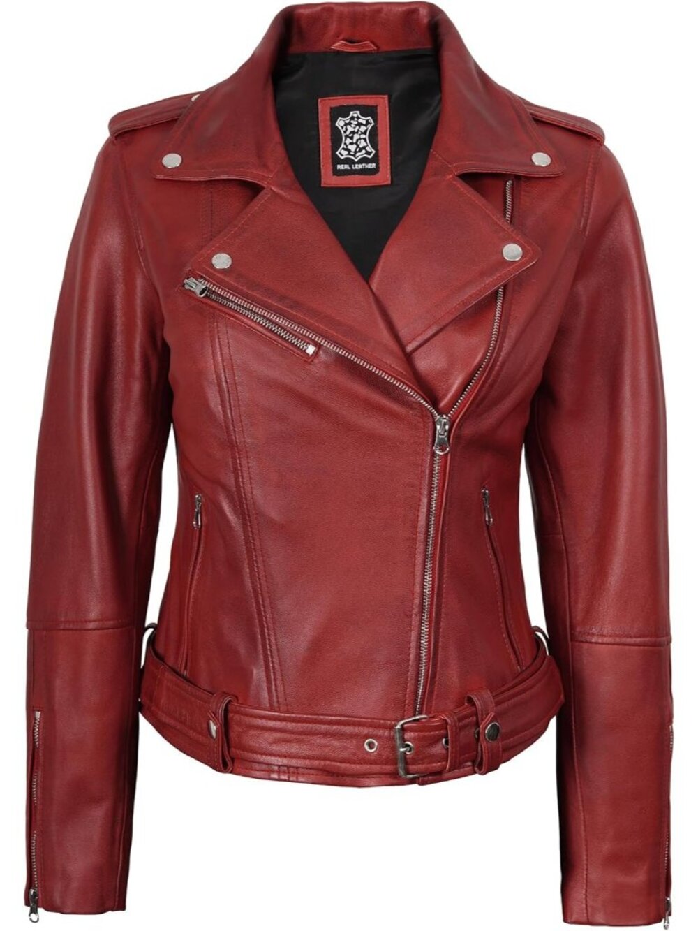 Women’s Red Leather Coat Shirt Collar Long Jacket Classic Stylish Outerwear